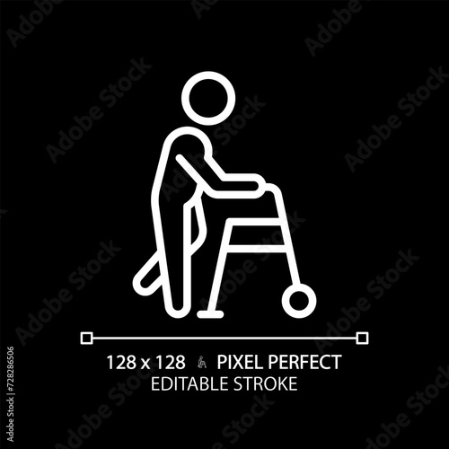 Walker assistance white linear icon for dark theme. Trauma care. Physiotherapy treatment. Medical condition. Mobility aids. Thin line illustration. Isolated symbol for night mode. Editable stroke