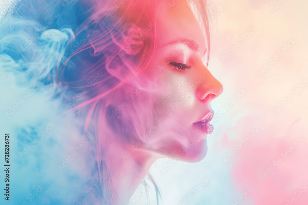 Woman's Face with Colorful Smoke - Creative Beauty Concept for Cosmetics and Art