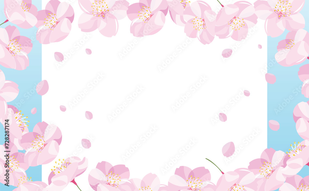 背景やタイトルに使えるシンプルな満開の桜吹雪と花びらのコピースペースのある白背景と青空の春フレーム