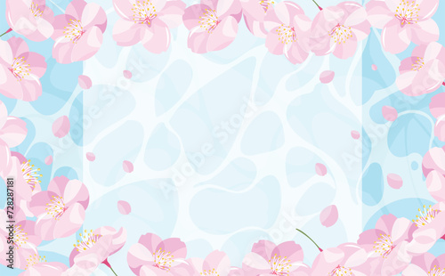 背景やタイトルに使えるシンプルな満開の桜の花びらのコピースペースのある水面・波紋の春フレーム
