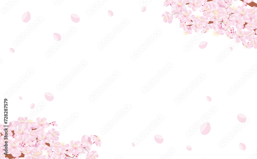 背景やタイトル・見出しに使えるシンプルな桜の木や枝・満開の桜吹雪を描いた余白のある春フレーム素材