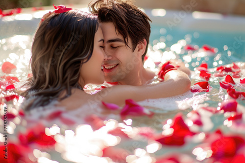 Happy young couple in love in hot tub with rose petals  romantic dating