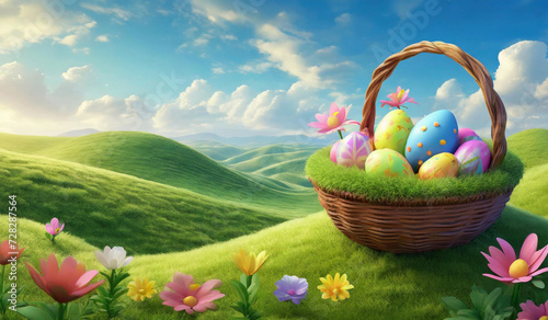 Easter background and easter egg basket and egg in hill with green fields and colorful flower on a clear day