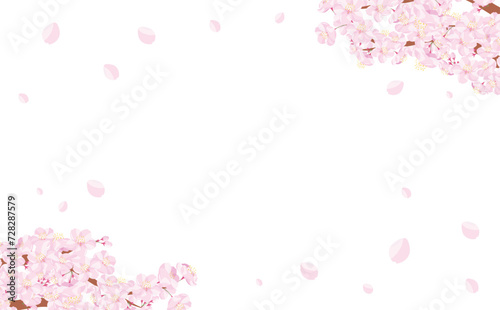 背景やタイトル・見出しに使えるシンプルな桜の木や枝・満開の桜吹雪を描いた余白のある春フレーム素材 © motommy
