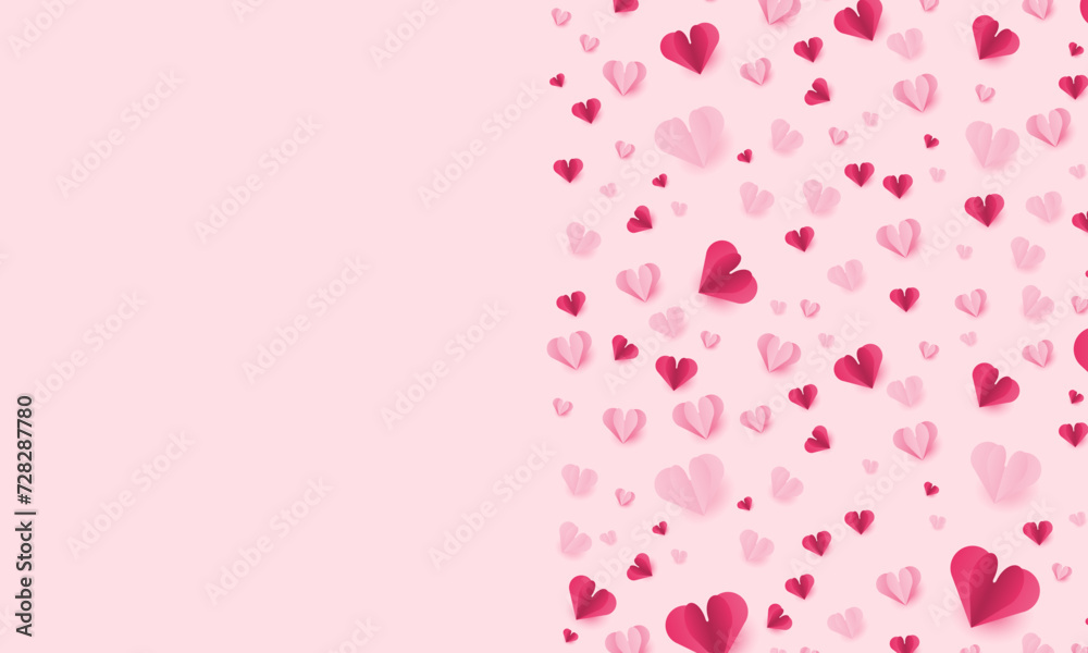 Obraz premium Paper elements in shape of heart flying on pink background., Happy Valentine's day card hearts, birthday greeting card vector design.