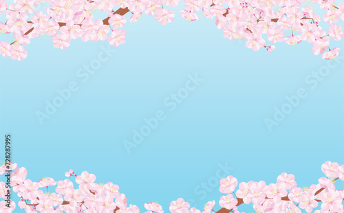 背景やタイトル・見出しに使えるシンプルな桜の木や枝・満開の花を描いた青空の春フレーム素材