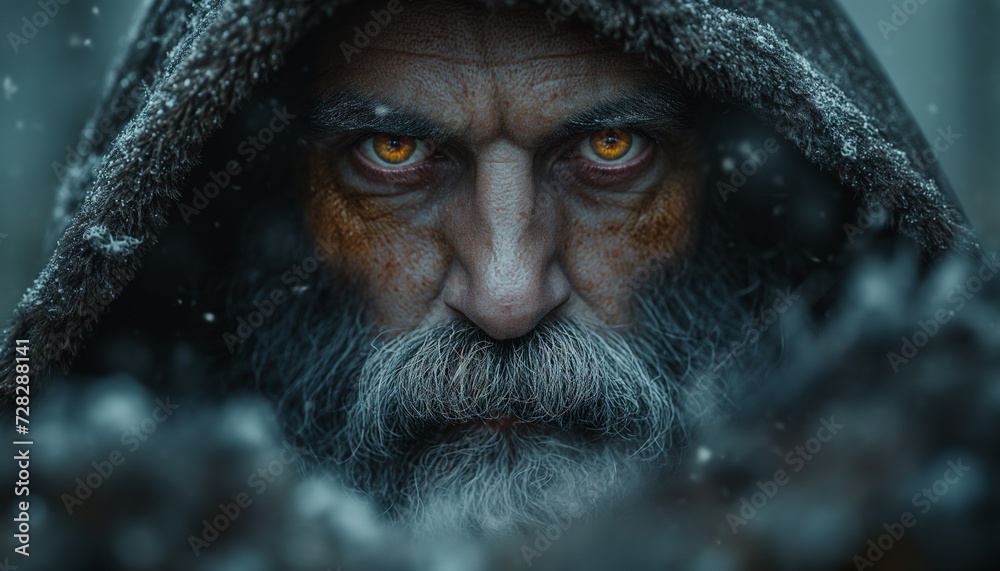 Norse Wanderer: Man with Short, Wild Grey Beard, Hooded Cloak, Piercing Gaze, Eyes Aglow, Amidst Winter's Snowflakes