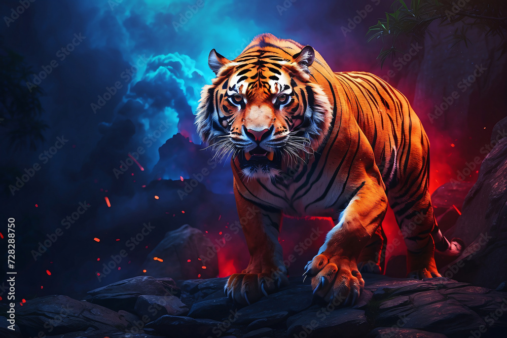 tiger on blue and red background