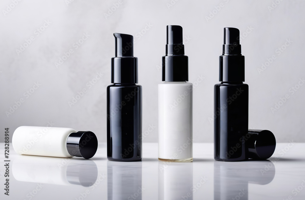 Black and white bottles for cosmetics and personal skin care products are arranged in a row. Empty label template mock up. Blank packaging on a marble white background. Front view. Containers set Black and white bottles for cosmetics and personal skin care products are arranged in a row. Empty label template mock up. Blank packaging on a marble white background. Front view. Containers set
