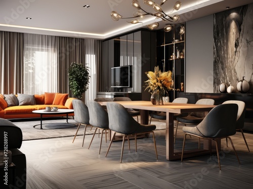 3d rendering luxury living room and dining room with sofa and tv