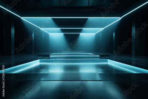 Modern dance stage light background with spotlight illuminated the stage. Stage lighting performance show. Empty stage with cool blue and green color stage lighting. Entertainment show.