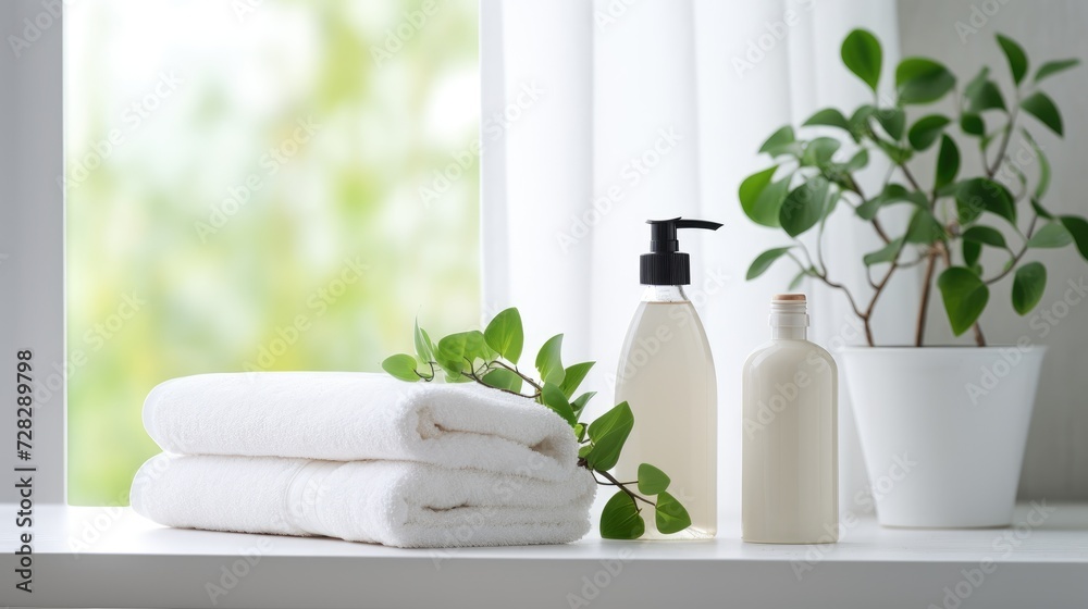 White bottles of soap or shampoo on the table in the bathroom. White cotton towels are stacked. Stylish interior and hygiene items.