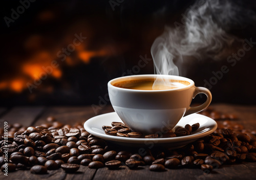 Cup of coffee on the background of coffee beans, aroma, vivacity. Banner. Neutral background.