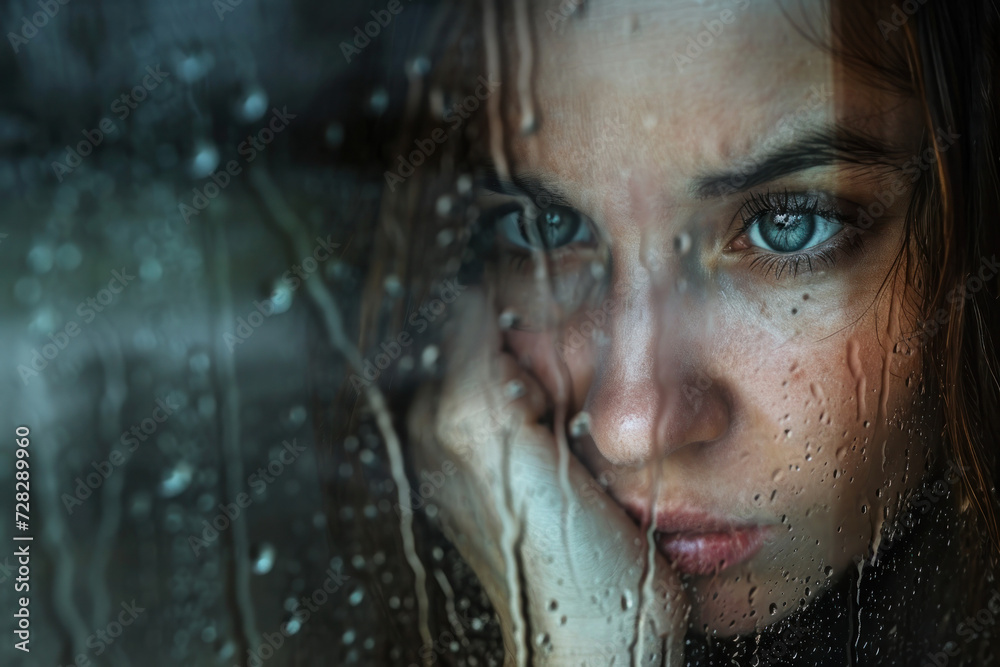 Woman With Blue Eyes Looking Out a Window