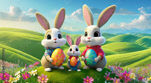 cute Easter bunny rabbit family smiling happily and egg in hill with green fields and colorful flower on a bright day