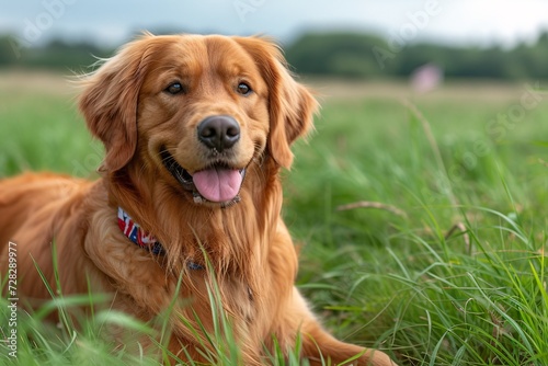 Golden Retriever Smiling in the Grass A Cute and Happy Moment to Celebrate National Dog Day Generative AI
