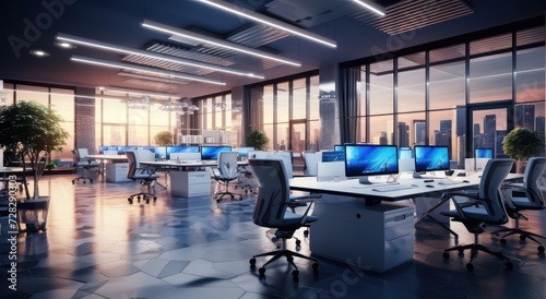 Modern office interior with computers and city view. 3D Rendering