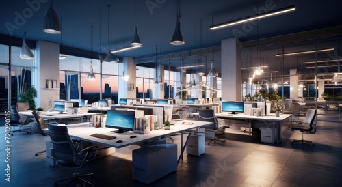 Modern coworking office interior with computers and city view. 3D Rendering