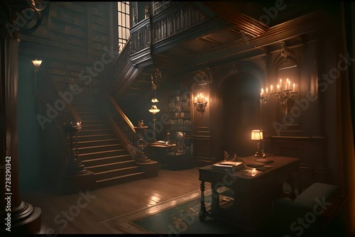 Old money style mansion interior where candles burning and the lights are flickering  photo