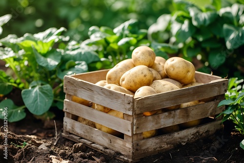 harvest of potatoes in a wooden box against the backdrop of a vegetable garden © Marina Shvedak