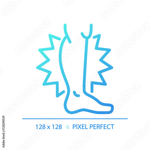 Leg cramps gradient linear vector icon. Hormone imbalance. Neurological condition, stressed out. Healthcare massage. Thin line color symbol. Modern style pictogram. Vector isolated outline drawing