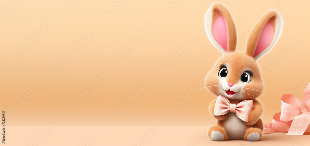 Obraz premium Cute little Easter bunny with a pink bow. Greeting card with space for copying. Banner. Neutral background.