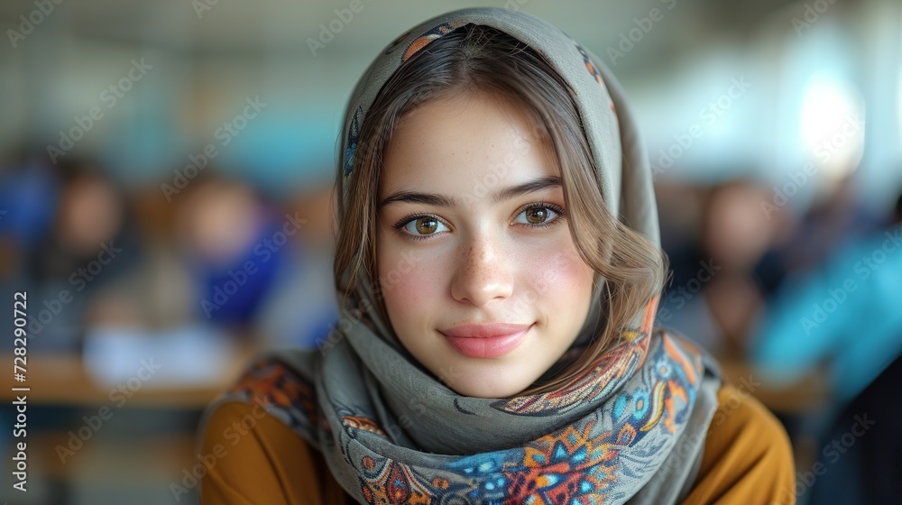 Portrait of young muslim woman wearing hijab head scarf in city while looking at camera. Generative Ai. Portrait of young muslim woman wearing hijab head scarf in city while looking at camera. Generative Ai.