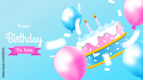 happy birthday card with cake, balloons, confetti and triangle decoration in blue, white and pink color. vector illustration