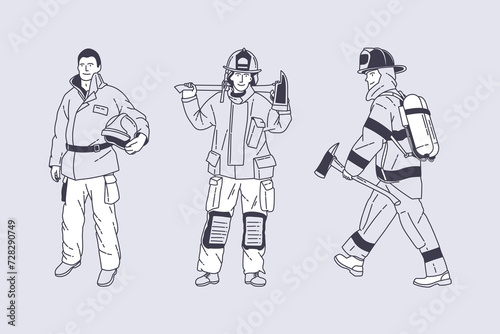 Set of outline illustrations of firefighter