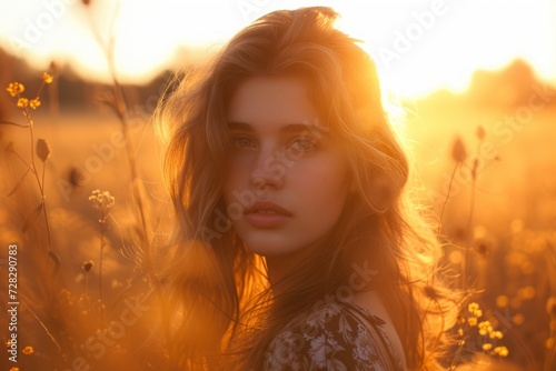 A young woman's eyes sparkle with the stories of a thousand sunsets, set against the backdrop of a world bathed in twilight's amber embrace.

