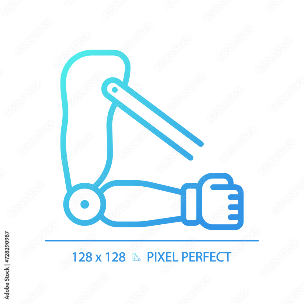 Transhumeral prosthetic arm gradient linear vector icon. Biomedical engineering. Robotic technology. Bionic exoskeleton. Thin line color symbol. Modern style pictogram. Vector isolated outline drawing Transhumeral prosthetic arm gradient linear vector icon. Biomedical engineering. Robotic technology. Bionic exoskeleton. Thin line color symbol. Modern style pictogram. Vector isolated outline drawing