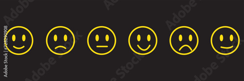 Iconic illustration of satisfaction level. Range to assess the emotions of your content. Feedback in form of emotions. User experience. Customer feedback. Excellent, good, normal, bad, awful. Vector F