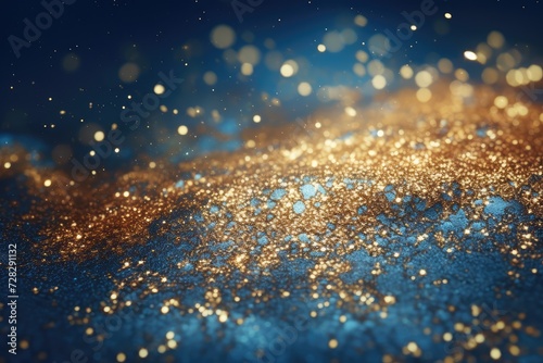 glitter vintage lights background. gold and blue. de-focused