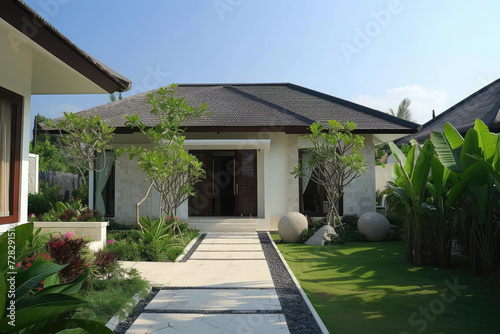 House design concept, elegant minimalist house exterior in white with tropical garden