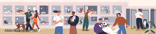 Volunteers and pets at animal shelter. People caring, helping, rescuing, adopting homeless and lost dogs, cats from voluntary house. Owners finding feline, canine in cages. Flat vector illustration photo