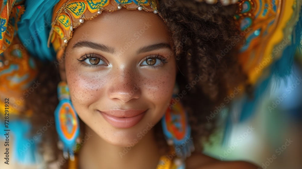 Obraz premium Portrait of a beautiful young african american woman wearing headdress. Generative Ai. 