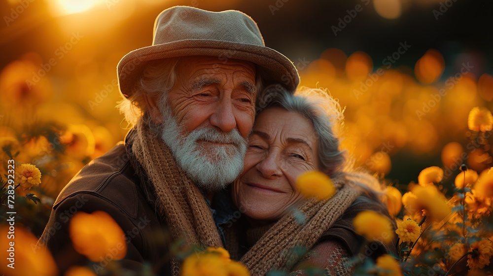 Portrait of senior couple spending time together in the park at sunset. Generative Ai. 