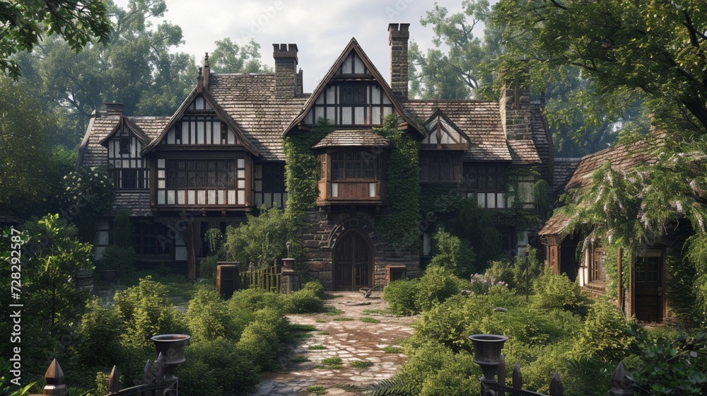 A Tudor-style manor standing proudly amidst a lush, manicured garden.