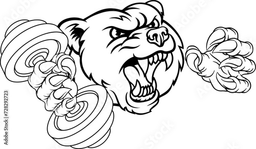 A bear grizzly weight lifting gym animal sports mascot holding a dumbbell in its claw