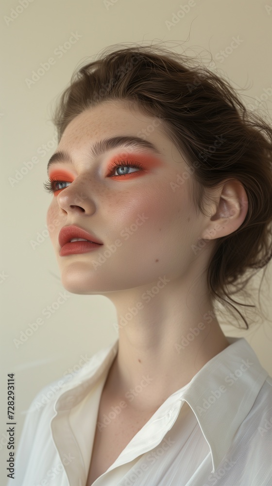 Portrait of a young woman with striking orange eyeshadow and matte lipstick, exuding confidence and modern beauty trends.
