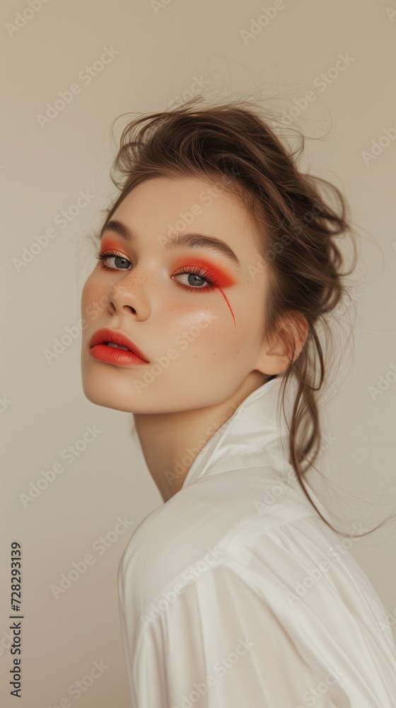 Portrait of a young woman with striking orange eyeshadow and matte lipstick, exuding confidence and modern beauty trends. Portrait of a young woman with striking orange eyeshadow and matte lipstick, exuding confidence and modern beauty trends.