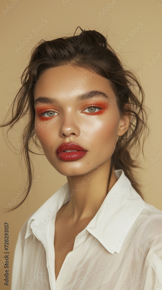 Portrait of a young woman with striking orange eyeshadow and matte lipstick, exuding confidence and modern beauty trends. Portrait of a young woman with striking orange eyeshadow and matte lipstick, exuding confidence and modern beauty trends.