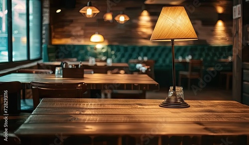 Empty wooden table in cafe with blurred background perfectly set for showcasing products in restaurant or bar environment table vintage design complements modern relaxed lifestyle of city pub