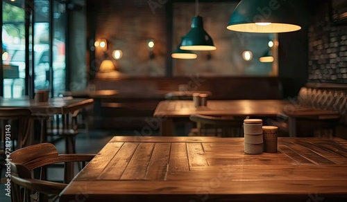Empty wooden table in cafe with blurred background perfectly set for showcasing products in restaurant or bar environment table vintage design complements modern relaxed lifestyle of city pub © Thares2020