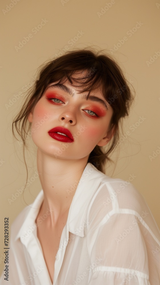 Portrait of a young woman with striking orange eyeshadow and matte lipstick, exuding confidence and modern beauty trends. Portrait of a young woman with striking orange eyeshadow and matte lipstick, exuding confidence and modern beauty trends.
