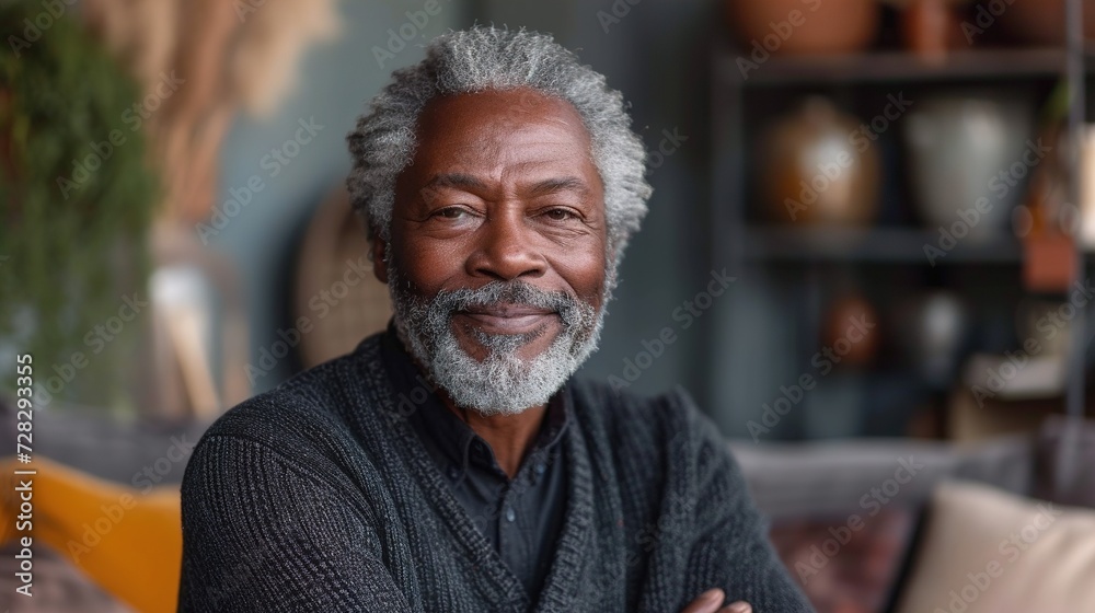Portrait of senior African american man looking at camera while sitting on sofa at home. Generative Ai. Portrait of senior African american man looking at camera while sitting on sofa at home. Generative Ai.