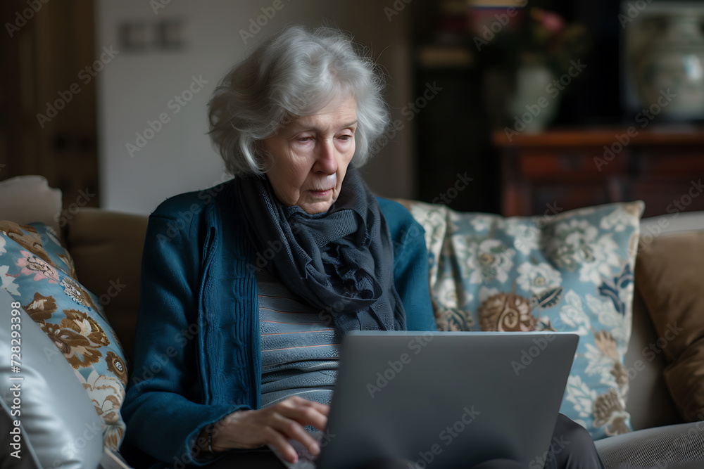 portrait of an elderly senior person looking at a laptop at home interior