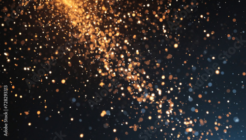 Glowing glitter particles flying background, bokeh lights at night, blurry fire specks orange blue white on black