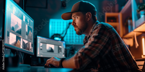 Focused man editing media, immersed in screens, in a dimly lit, modern digital workspace