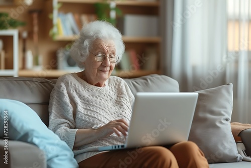 portrait of an elderly senior person looking at a laptop at home interior